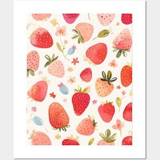 Cute Pink Red Strawberry Pattern Posters and Art